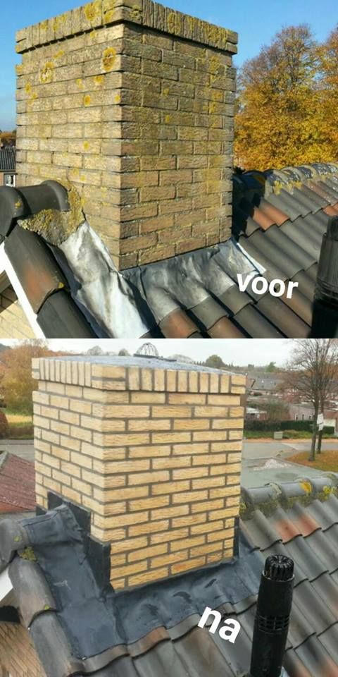 Schoorsteenrenovatie, voor en na, met nieuw lood op het dak.